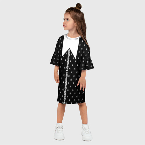 Детское платье 3D с принтом Рисунок платья Уэнсдей Аддамс с черепами вместо пуговиц, фото на моделе #1