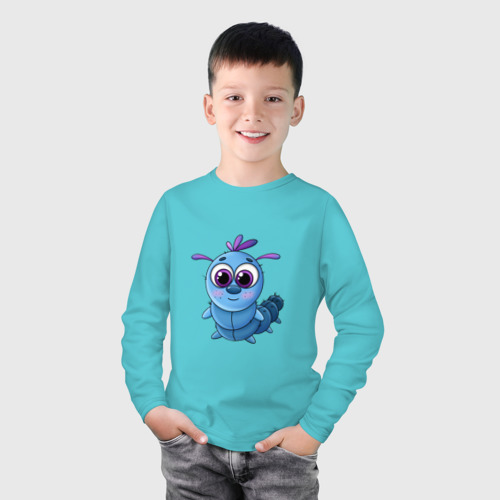 Детский лонгслив хлопок с принтом Милая голубая гусеница, фото на моделе #1