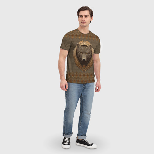 Мужская футболка 3D с принтом Волк объёмный барельеф с этническим орнаментом, вид сбоку #3