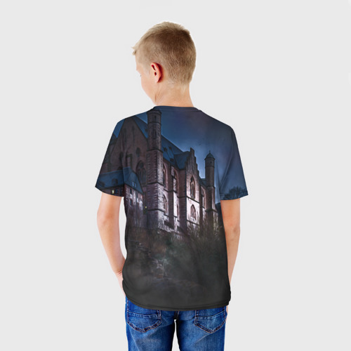 Детская футболка 3D с принтом Уэнсдей Аддамс, Энид Синклер на фоне замка, вид сзади #2