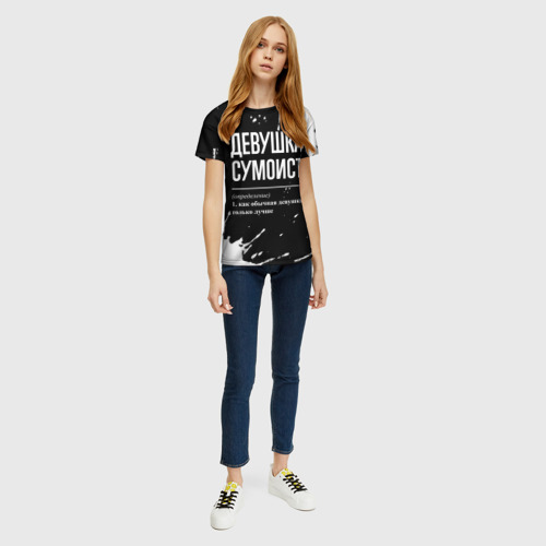 Женская футболка 3D с принтом Девушка сумоист - определение на темном фоне, вид сбоку #3