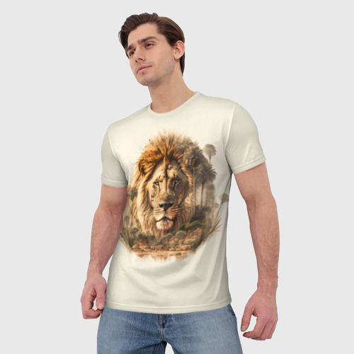 Мужская футболка 3D с принтом Лев в зарослях саванны, фото на моделе #1