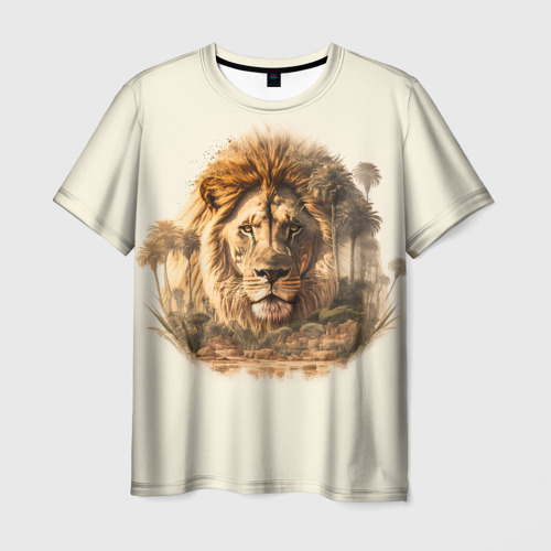 Мужская футболка 3D с принтом Лев в зарослях саванны, вид спереди #2