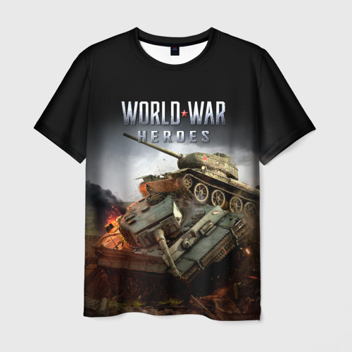 Мужская футболка 3D с принтом World War Heroes логотип и танки, вид спереди #2