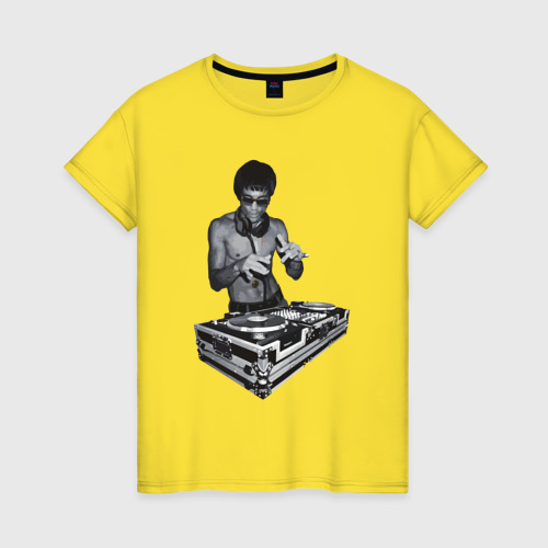 Женская футболка хлопок с принтом DJ Bruce Lee, вид спереди #2