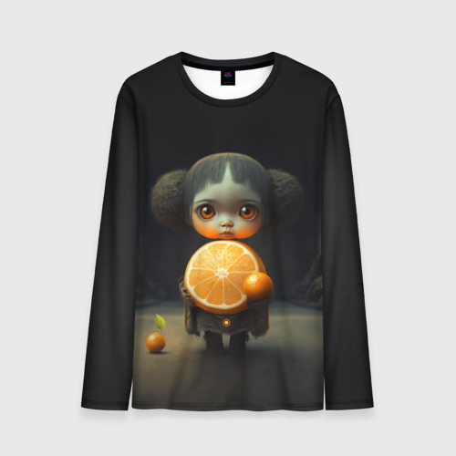 Мужской 3D лонгслив с принтом Девочка с мандарином в руках, вид спереди #2