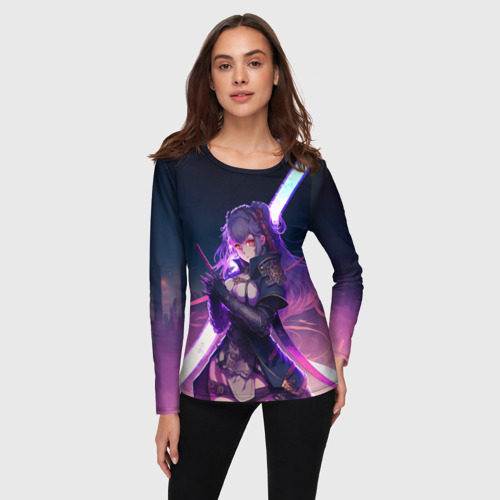 Женский лонгслив 3D с принтом Cyber girl in purple light, фото на моделе #1