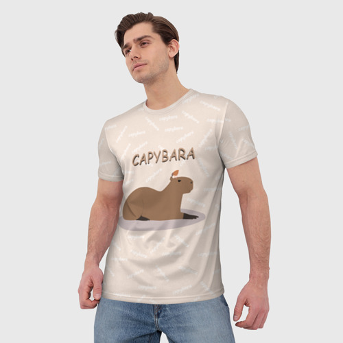 Мужская футболка 3D с принтом Капибара с птичкой на отдыхе, фото на моделе #1