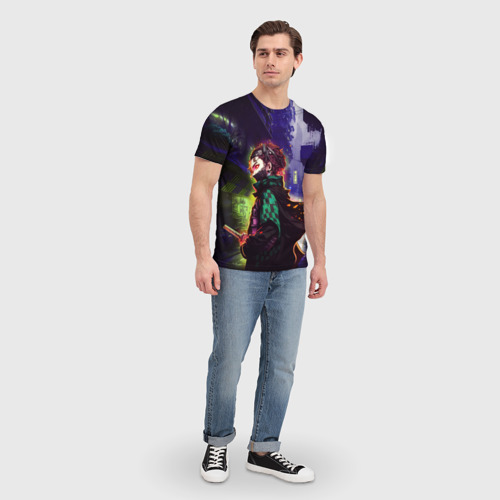 Мужская 3D футболка с принтом Клинок, рассекающий демонов - Киберпанк, вид сбоку #3