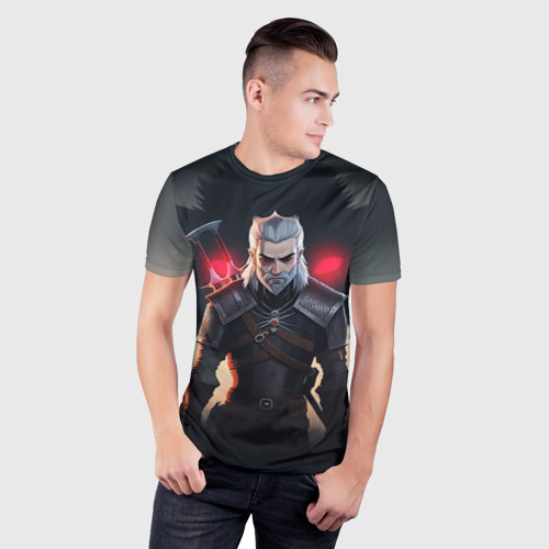 Мужская футболка 3D Slim с принтом The Witcher and wolf, фото на моделе #1