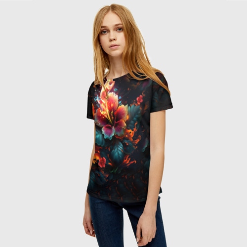 Женская футболка 3D с принтом Огненный цветок на темном фоне, фото на моделе #1