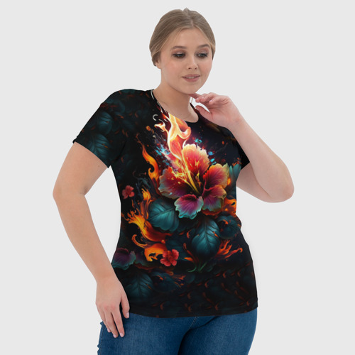 Женская футболка 3D с принтом Огненный цветок на темном фоне, фото #4