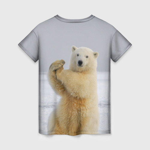 Женская футболка 3D с принтом Белый медведь разминается, вид сзади #1