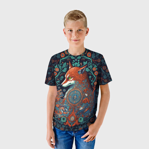 Детская футболка 3D с принтом Рыжая лиса с орнаментом, фото на моделе #1
