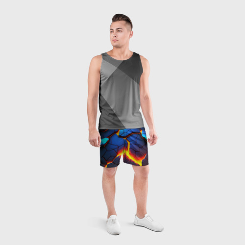 Мужские шорты спортивные с принтом Яркая неоновая лава, разломы, вид сбоку #3
