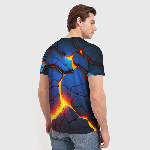 Мужская 3D футболка с принтом Яркая неоновая лава, разломы, вид сзади #2