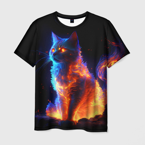 Мужская футболка 3D с принтом Огненная кошка, вид спереди #2