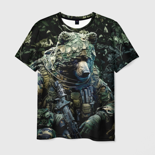 Мужская футболка 3D с принтом Медведь снайпер в камуфляже, вид спереди #2