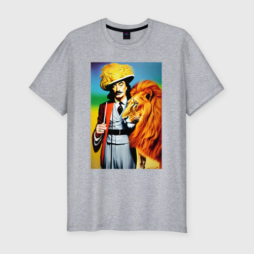Мужская футболка хлопок Slim с принтом Salvador Dali and lion - neural network, вид спереди #2