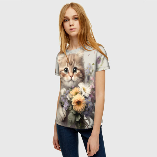 Женская футболка 3D с принтом Котенок с полевыми цветами, фото на моделе #1