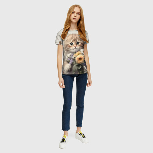 Женская футболка 3D с принтом Котенок с полевыми цветами, вид сбоку #3