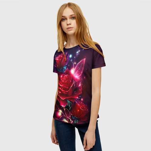 Женская футболка 3D с принтом Розы с огоньками, фото на моделе #1