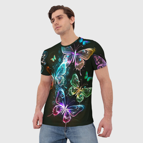 Мужская футболка 3D с принтом Неоновые дикие бабочки, фото на моделе #1