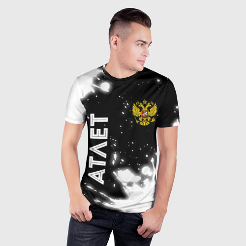 Мужская футболка 3D Slim с принтом Атлет из России и герб РФ: надпись, символ, фото на моделе #1