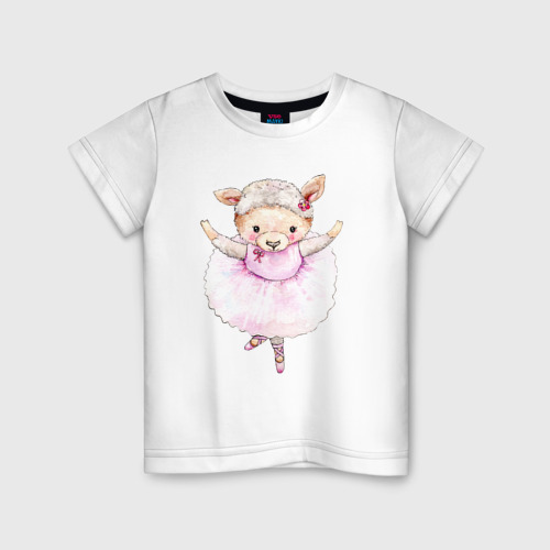 Детская футболка хлопок с принтом Милая животная овца балерина акварель, вид спереди #2