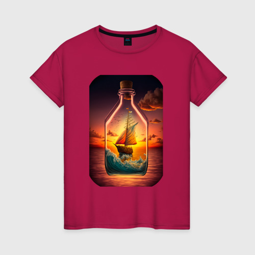 Женская футболка хлопок с принтом Корабль в бутылке в море, вид спереди #2