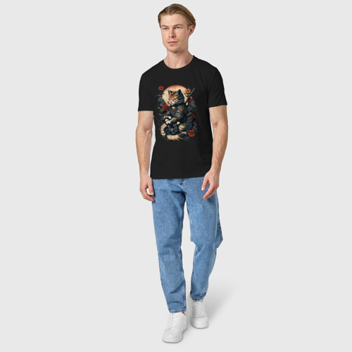 Мужская футболка хлопок с принтом Самурай кот, вид сбоку #3