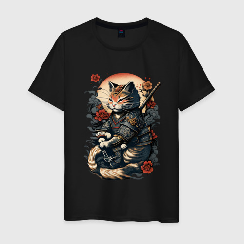 Мужская футболка хлопок с принтом Самурай кот, вид спереди #2