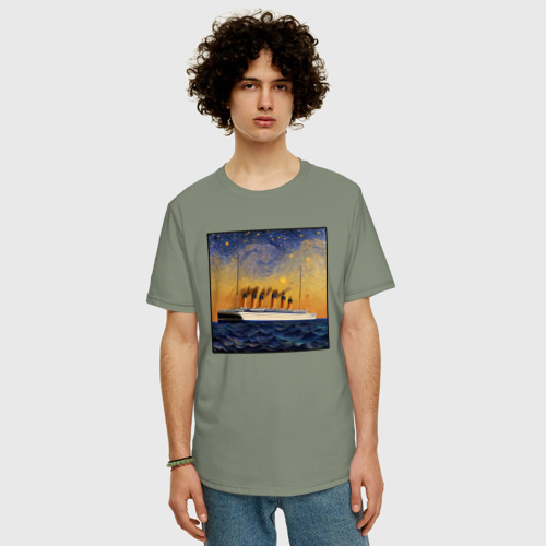 Мужская футболка хлопок Oversize с принтом Титаник в море - Ван Гог, фото на моделе #1