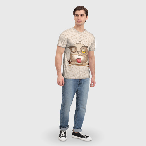 Мужская футболка 3D с принтом Сова с кофе, вид сбоку #3