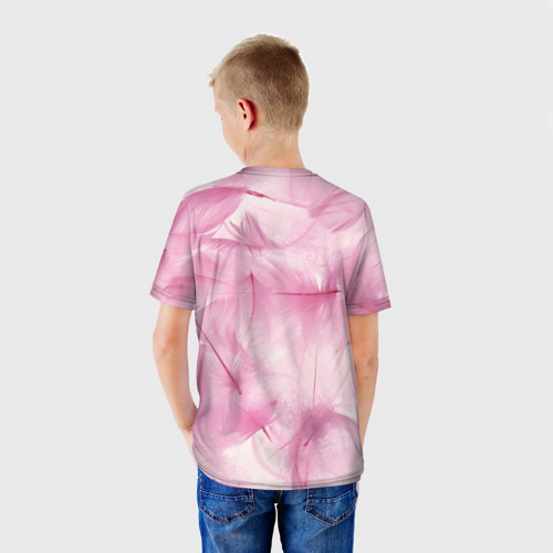 Детская футболка 3D с принтом Розовые перышки, вид сзади #2