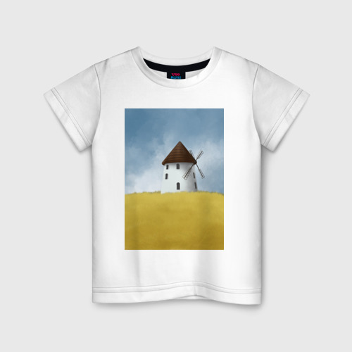 Детская футболка хлопок с принтом Ветряная мельница в поле, вид спереди #2