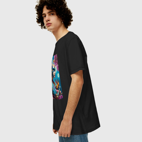 Мужская футболка хлопок Oversize с принтом Синеглазая ведьма со зверушкой, вид сбоку #3