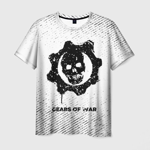 Мужская футболка 3D с принтом Gears of War с потертостями на светлом фоне, вид спереди #2