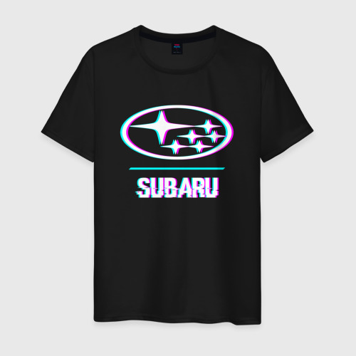 Мужская футболка хлопок с принтом Значок Subaru в стиле glitch, вид спереди #2