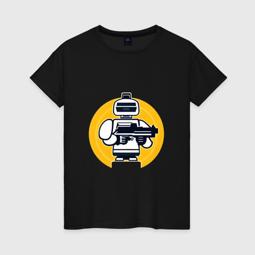 Женская футболка хлопок с принтом Ретро робот с автоматом, вид спереди #2