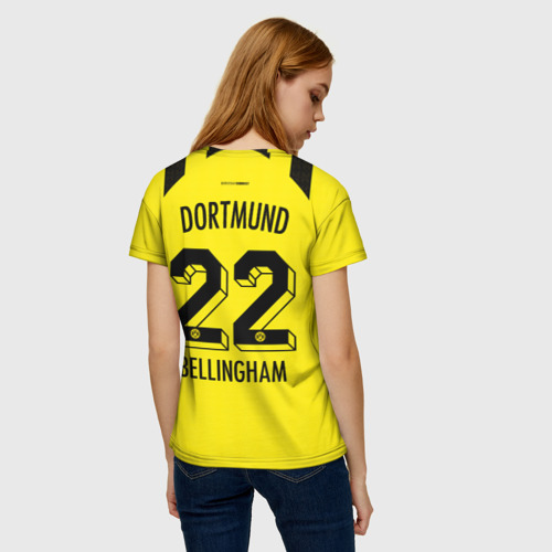 Женская футболка 3D с принтом Беллингем Боруссия Дортмунд форма 22/23 домашняя, вид сзади #2