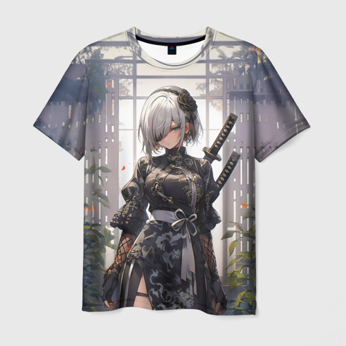 Мужская футболка 3D с принтом Nier Automata девушка с мечами, вид спереди #2