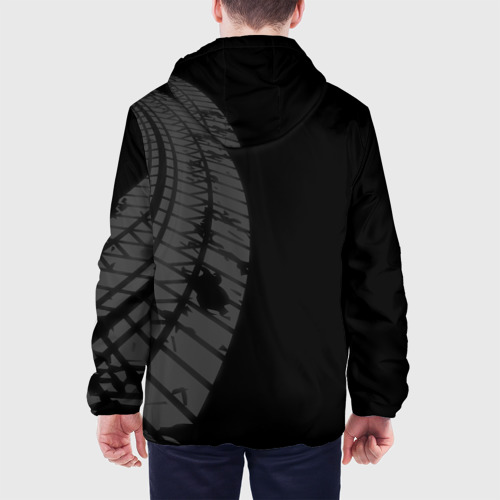 Мужская куртка 3D с принтом Infiniti speed на темном фоне со следами шин: по-вертикали, вид сзади #2