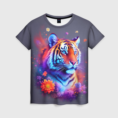 Женская футболка 3D с принтом Тигр и краски - нейросеть, вид спереди #2