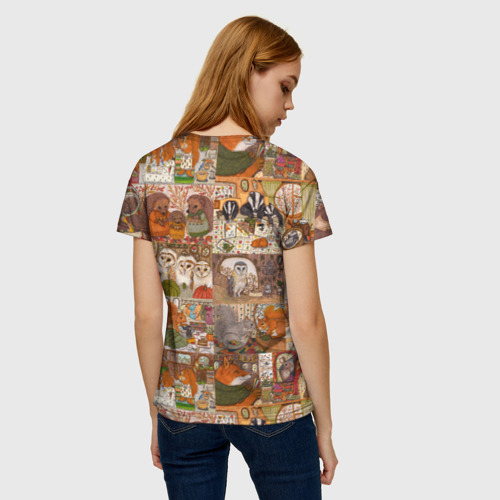 Женская футболка 3D с принтом Коллаж из сказочных зверей - совы, белки, ёжики, вид сзади #2
