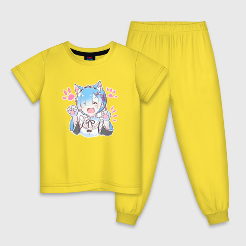 Детская пижама хлопок с принтом Рем кошечка - аниме ре зеро, вид спереди #2