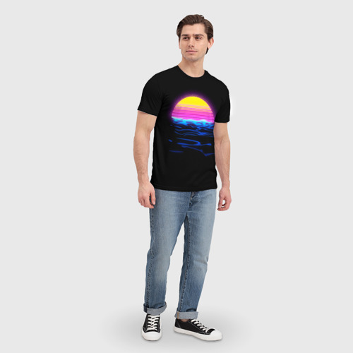Мужская футболка 3D с принтом Неоновый закат - гранж, вид сбоку #3