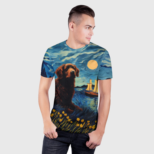 Мужская футболка 3D Slim с принтом Ньюфаундленд в стиле Ван Гога, фото на моделе #1
