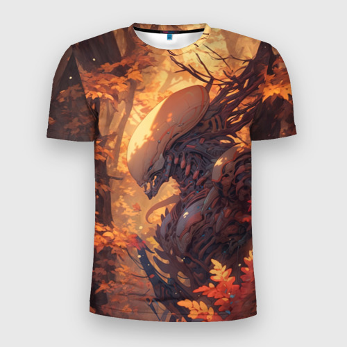 Мужская футболка 3D Slim с принтом Ксеноморф в осеннем лесу, вид спереди #2