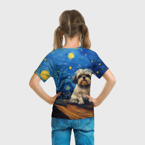 Детская футболка 3D с принтом Ши-тцу в стиле Ван Гога, вид сзади #2